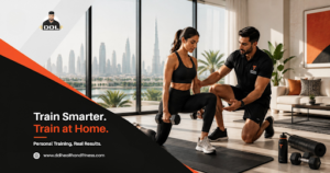 Personal trainer at home Dubai coaching a client in a premium home setting