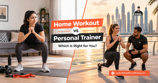 Image Alt Text: Home workout vs personal trainer Dubai comparison for Dubai Marina fitness